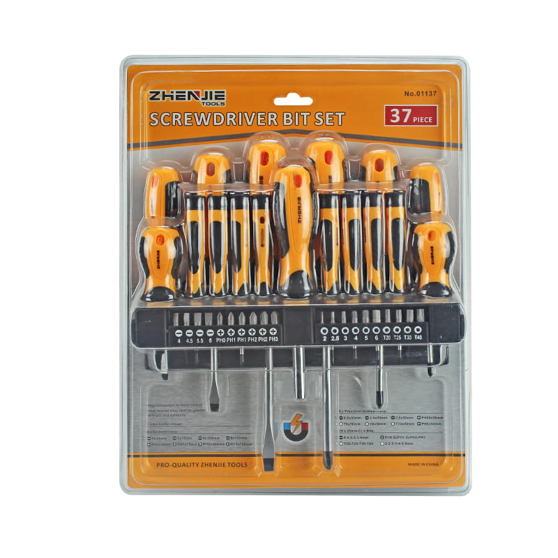 ชั้นวางพลาสติก 37 ชิ้นและบรรจุภัณฑ์พุพองคู่ Slotted Phillips Torx Hex ไขควง ชุด